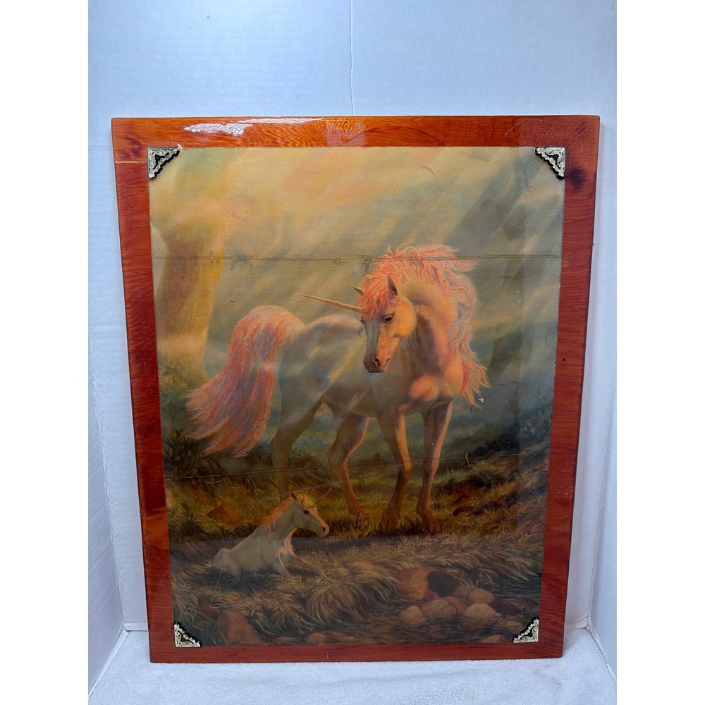 Vintage 1984 Tinkler Unicorn Wall Art 16x20 Laquered Wood Plaque Fantasy Large